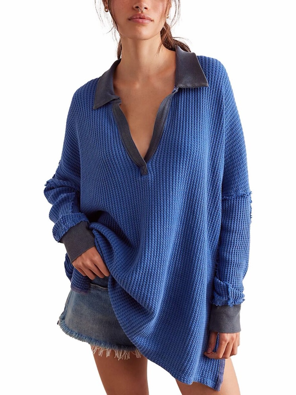 Free People We the Free Oversized Travis Polo in Dutch Blue NWT Size XS
